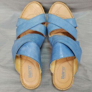 Born Cork Wedges Celeste Sandals Blue Leather Womens 11 Shoes